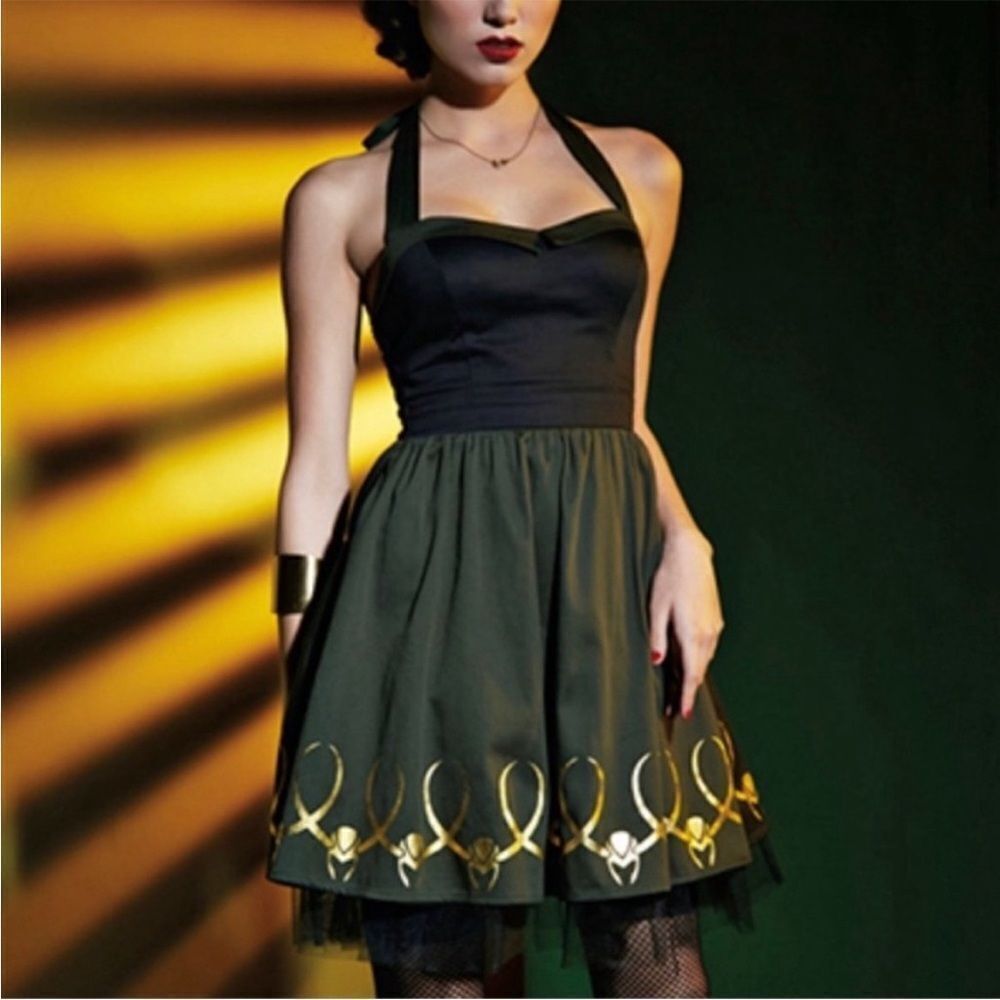 Halter style Marvel Loki dress Black/Green/Gold size L